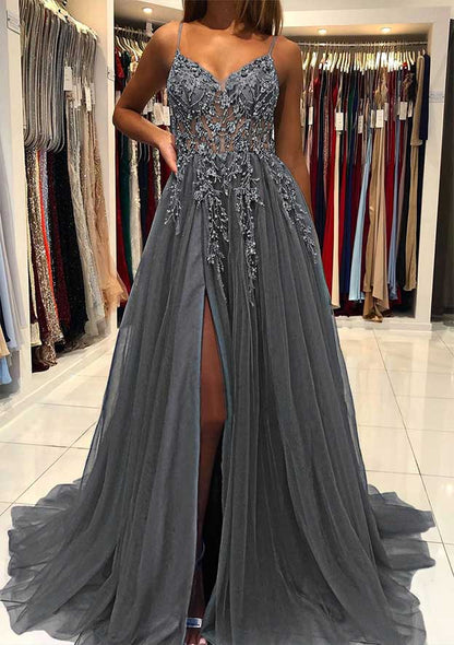 V Neck Spaghetti Straps Sweep Train Tulle Prom Dress With Beading Sequins Split
