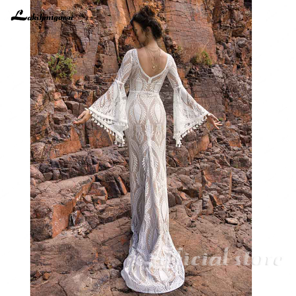 Full Lace Mermaid Wedding Dresses with Long Wide Bell Sleeves