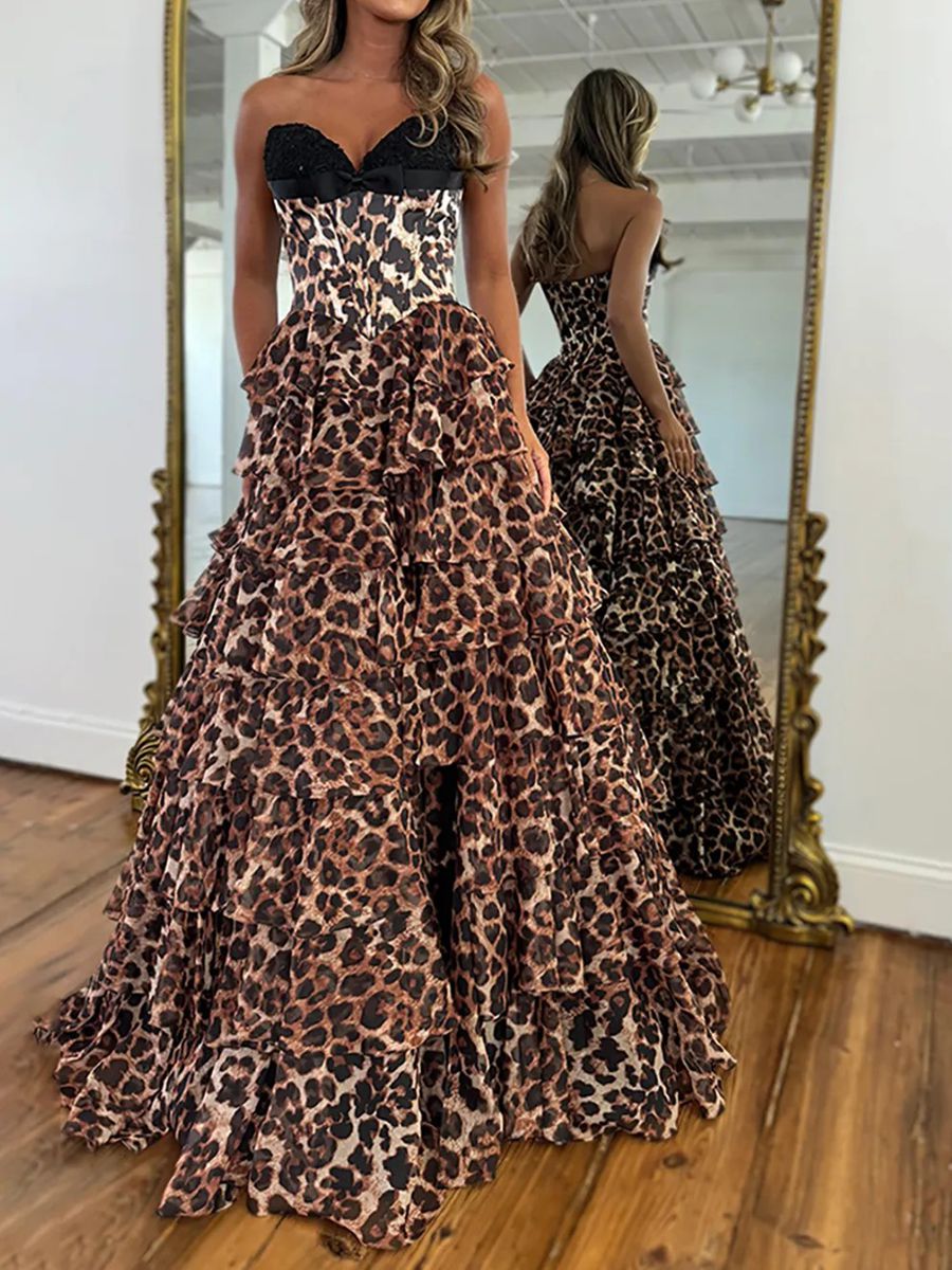 Leopard Print Strapless Black Trim Prom Dress Ruffled Tiered Skirt High Slit