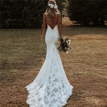 Sexy V-Neck Bohemian Lace Mermaid Wedding Dresses with Spaghetti Straps