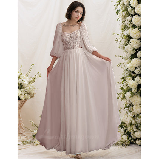 Boho A-Line Wedding Dress Lace Up Back Long Sleeve Bridal Beach Gowns