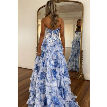 White Blue Flower Corset A Line Tiered Strapless Long Prom Dress