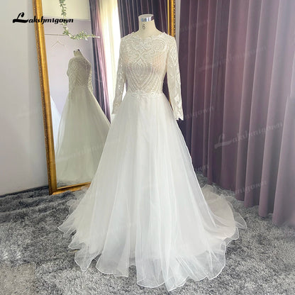 Unique Lace Organza Boho Wedding Dress with Long Sleeve