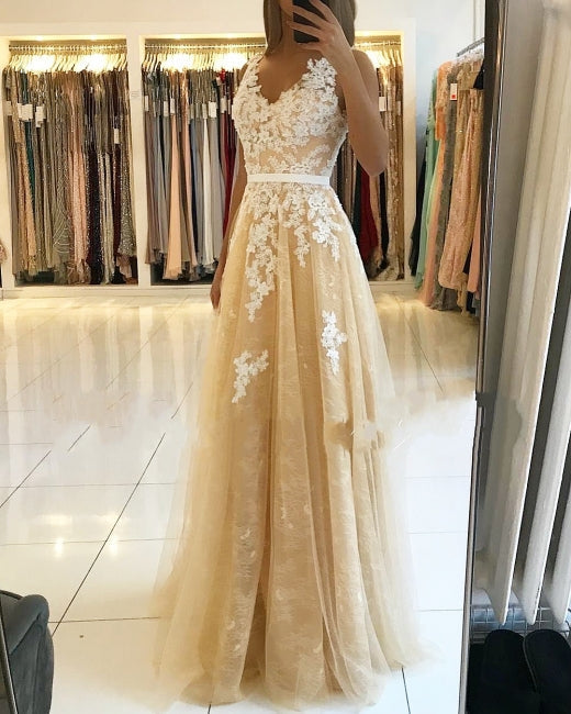 A Line V Neck Lace Champagne Prom Dresses Cheap