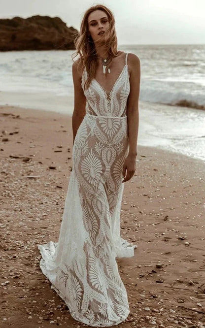 Plunging V Bohemian Beach Mermaid Lace Wedding dress