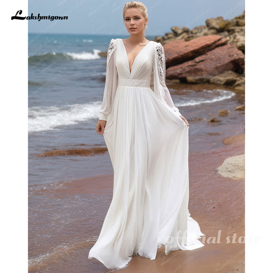 Puff Sleeves Deep V Neck Lace Chiffon Beach Wedding Dress Corset Bride Dresses