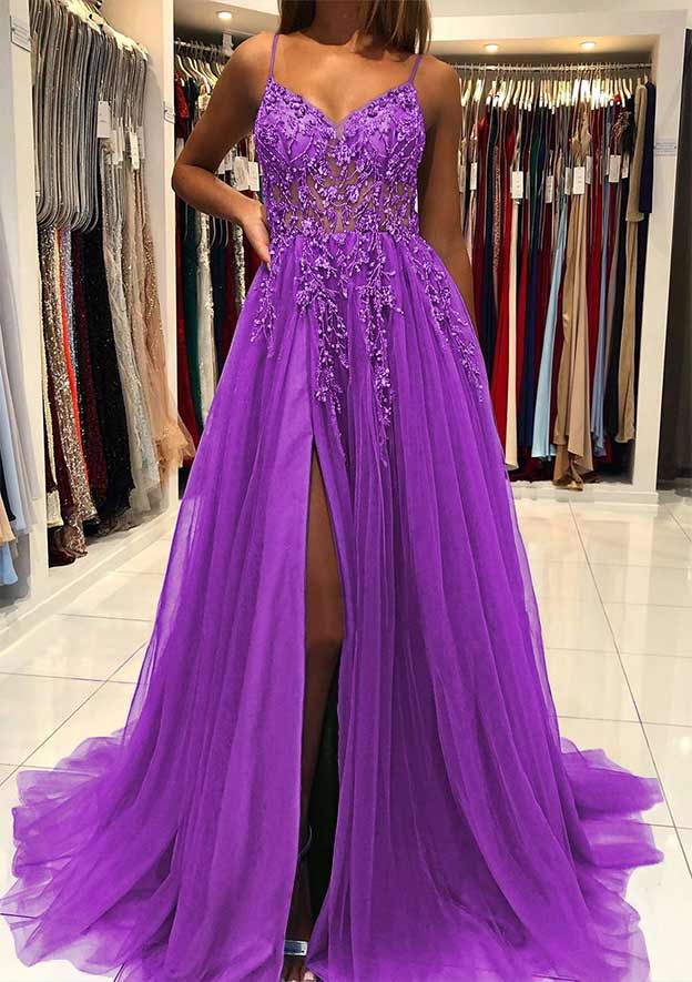 V Neck Spaghetti Straps Sweep Train Tulle Prom Dress With Beading Sequins Split
