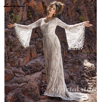 Full Lace Mermaid Wedding Dresses with Long Wide Bell Sleeves