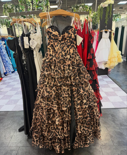 Leopard Print Strapless Black Trim Prom Dress Ruffled Tiered Skirt High Slit