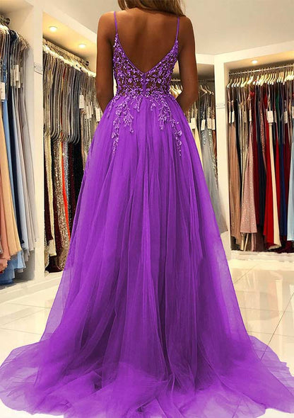 V Neck Spaghetti Straps Sweep Train Tulle Prom Dress With Beading Sequins Split