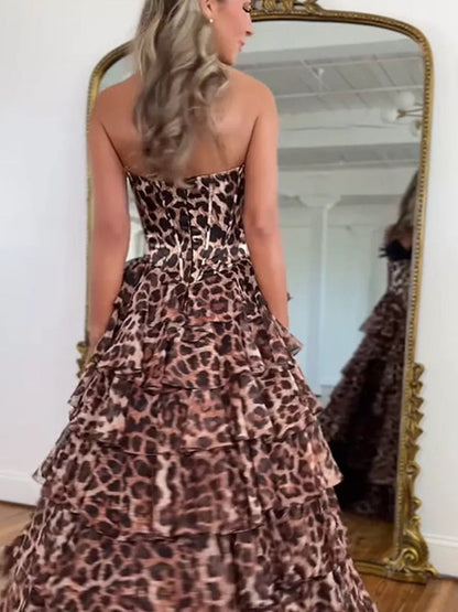 Leopard Print Strapless Black Trim Prom Dress Ruffled Tiered Skirt High Slit