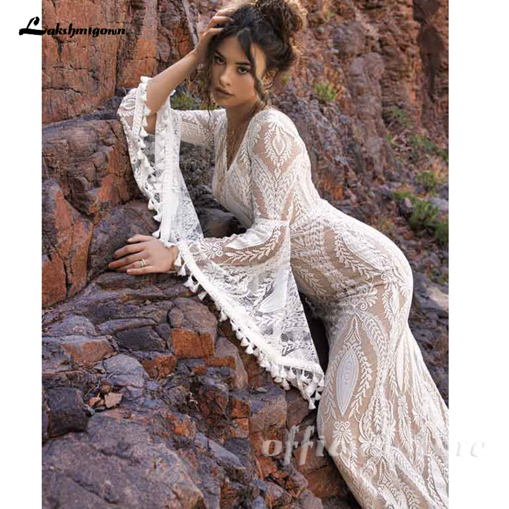 Full Lace Mermaid Wedding Dresses with Long Wide Bell Sleeves