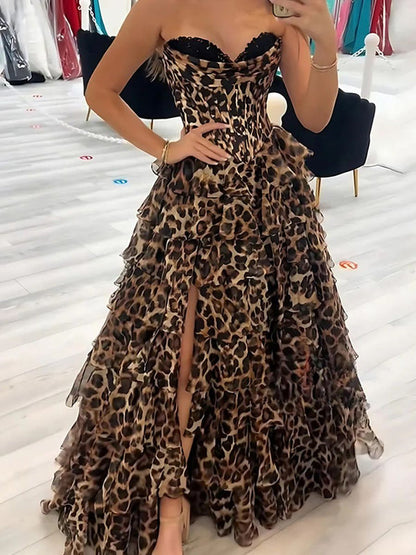 Leopard Print Strapless Black Trim Prom Dress Ruffled Tiered Skirt High Slit