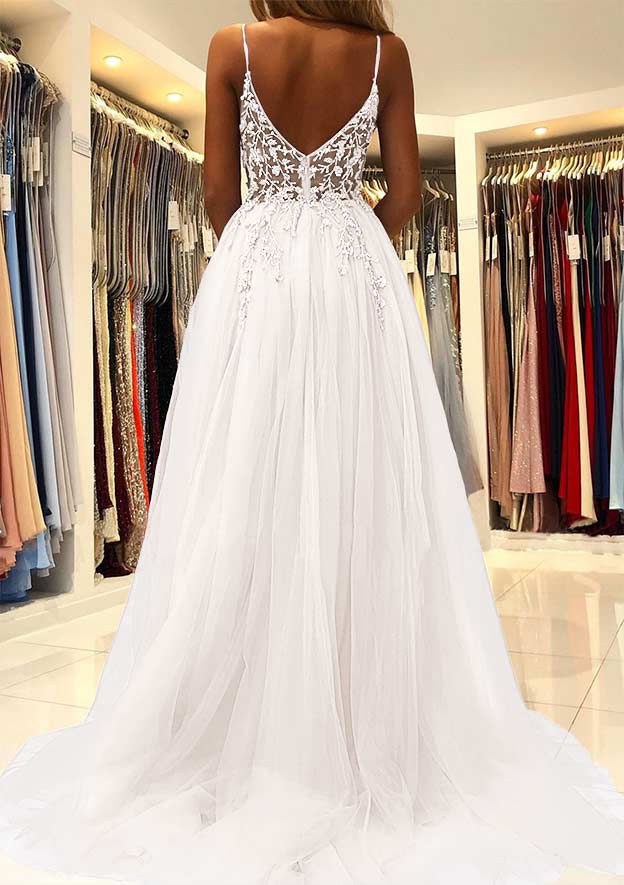 V Neck Spaghetti Straps Sweep Train Tulle Prom Dress With Beading Sequins Split