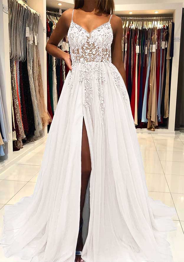 V Neck Spaghetti Straps Sweep Train Tulle Prom Dress With Beading Sequins Split