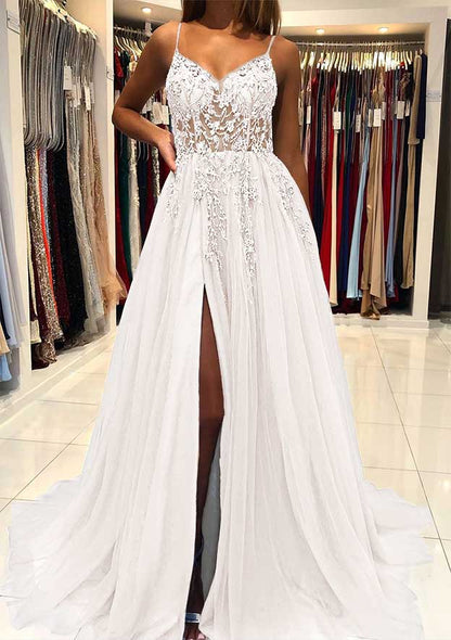 V Neck Spaghetti Straps Sweep Train Tulle Prom Dress With Beading Sequins Split