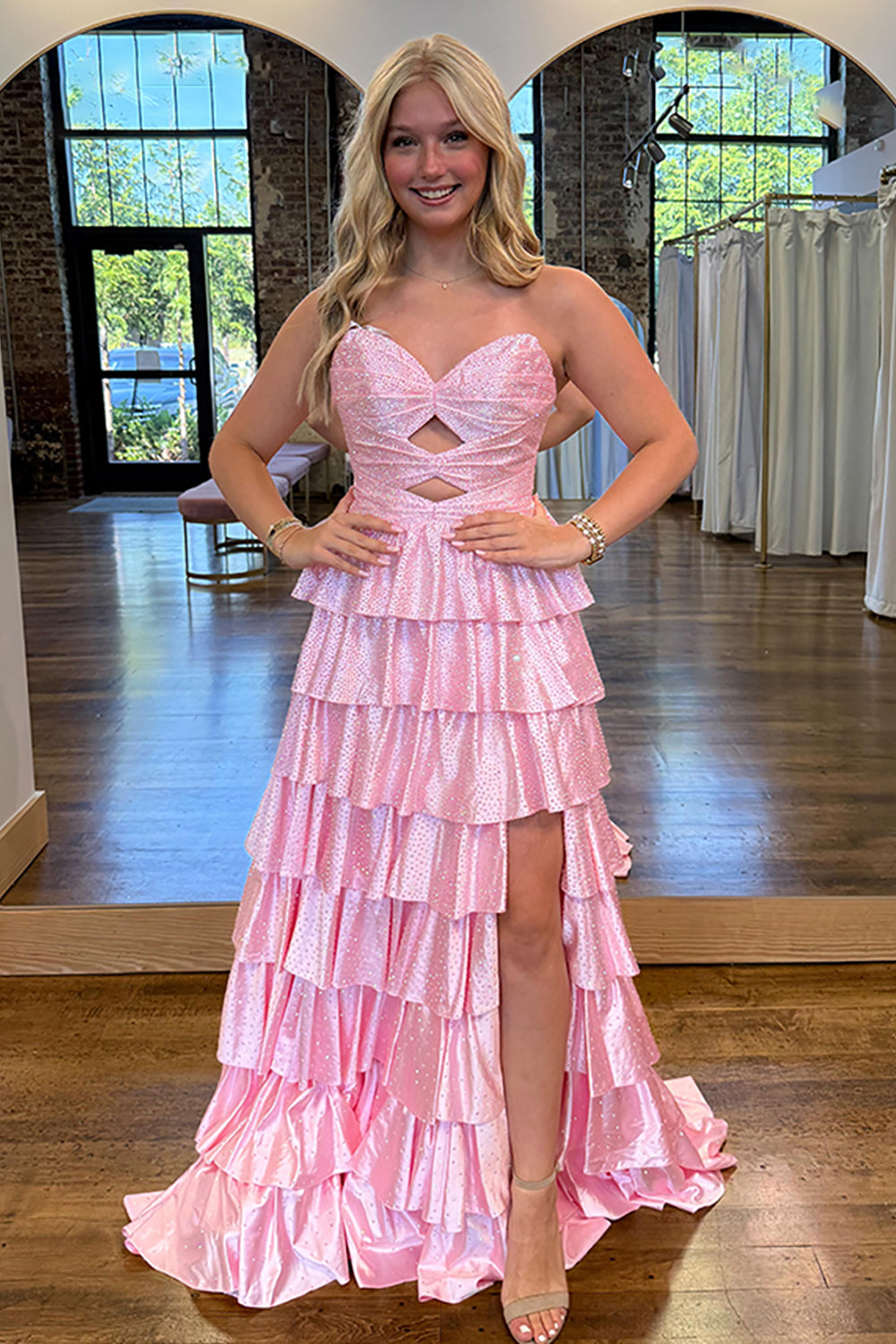 Sparkly Yellow Sweetheart A-Line Satin Ruffled Cut-Out Long Prom Dress with Beading