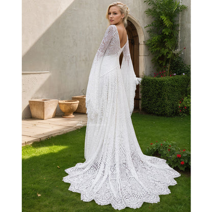Lace Boho Wedding Dresses Off Shoulder Long Sleeve Backless Bohemian Bridal Gowns