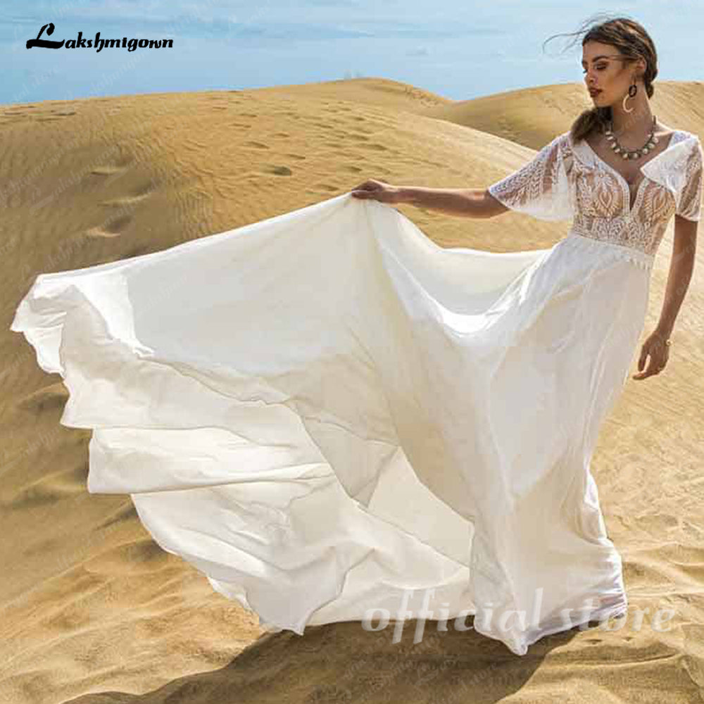 Bohemian Chiffon Lace Wedding Dress with Half Sleeves