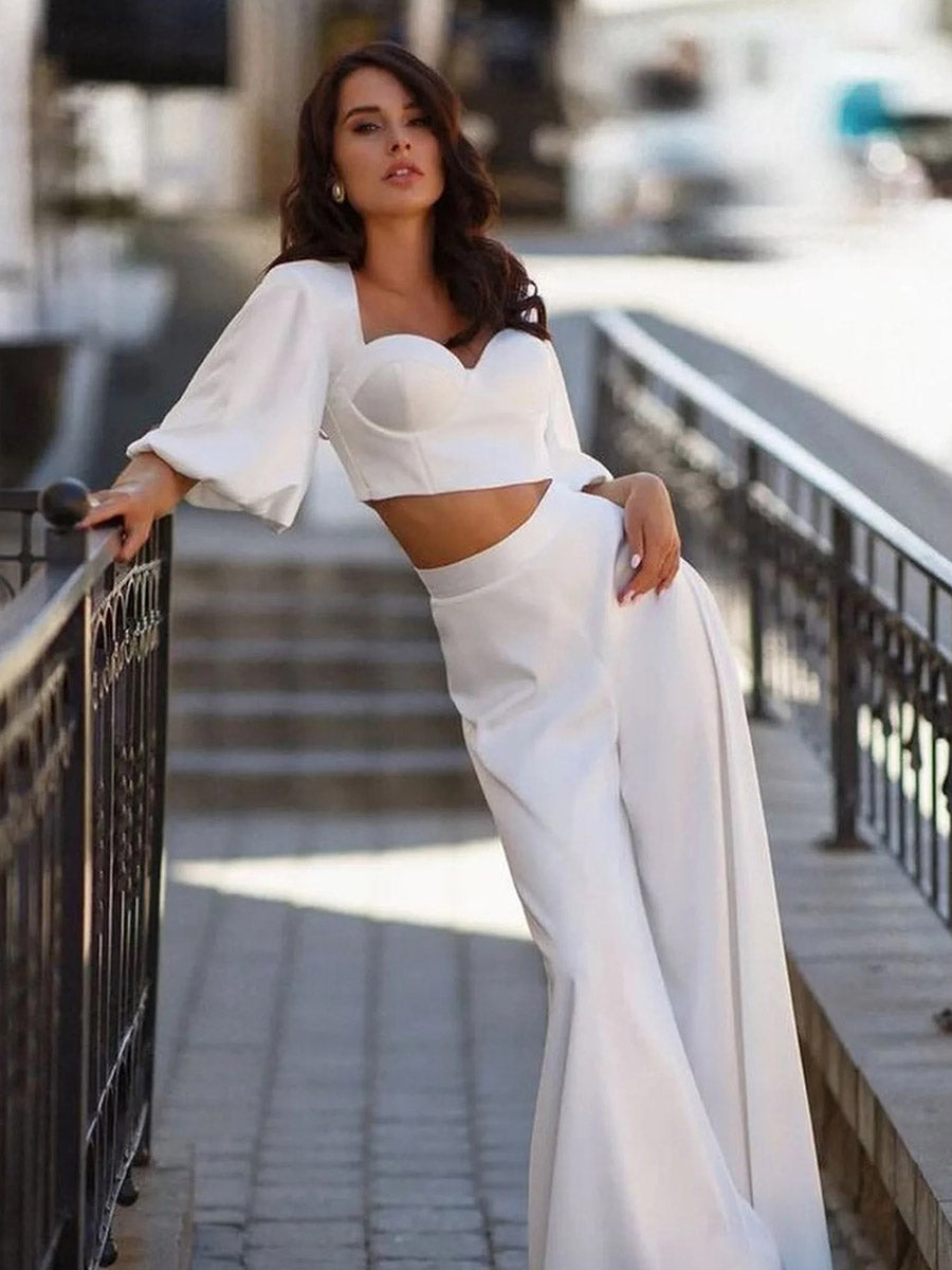 Sweetheart Half Sleeves Open Back Pantsuit Wedding Dress