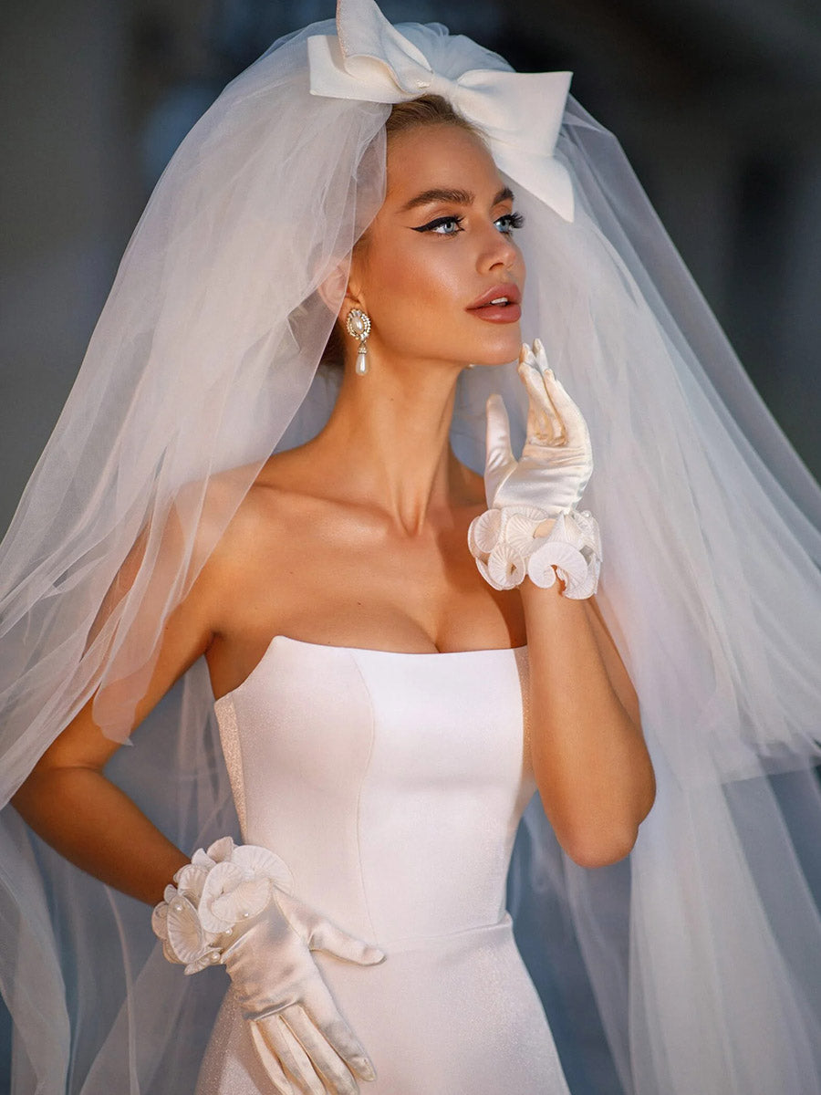 A-Line Strapless High Slit Sleek Satin Simple Wedding Dress with Train