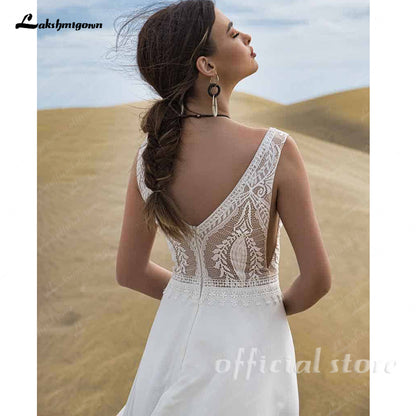 Bohemian Chiffon Lace Wedding Dress with Half Sleeves