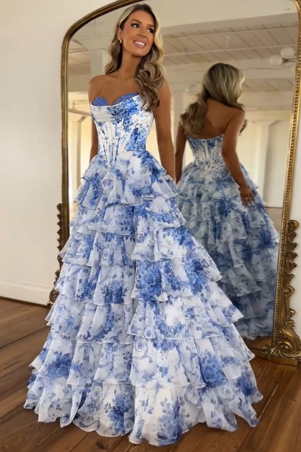 White Blue Flower Corset A Line Tiered Strapless Long Prom Dress