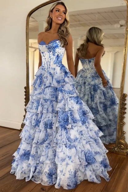 White Blue Flower Corset A Line Tiered Strapless Long Prom Dress