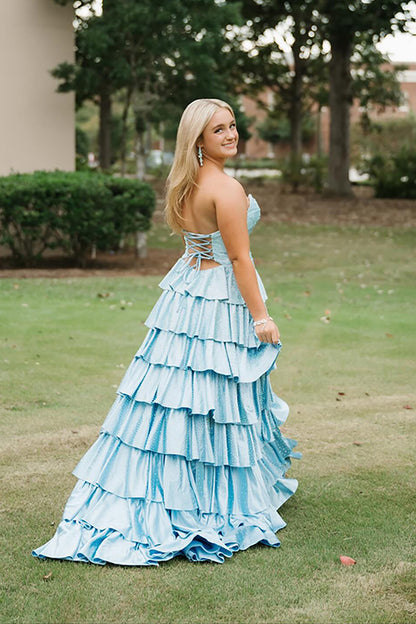 Sparkly Yellow Sweetheart A-Line Satin Ruffled Cut-Out Long Prom Dress with Beading
