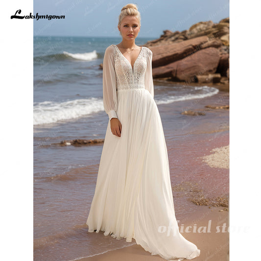 A Line Chiffon Wedding Dresses for Bride Deep V Neck Sweep Train Bridal Gowns
