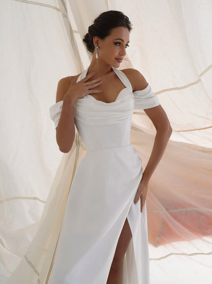 A-Line Halter Off Shoulder Sweetheart High Slit Wedding Dress with Train