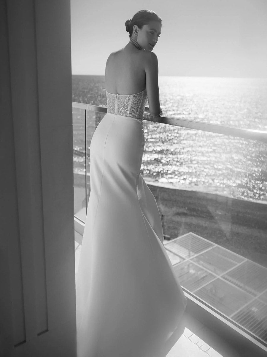 A-Line Strapless Sweetheart Sequins Pearls High Slit Mermaid Wedding Dress with Train