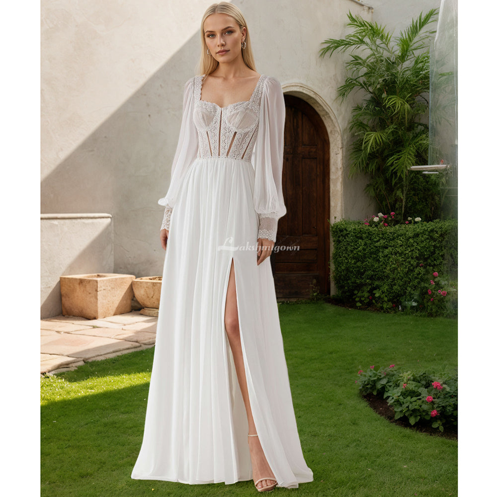 Lange Puffärmel, Schatz-Chiffon-Brautkleid, A-Linie, Seitenschlitz