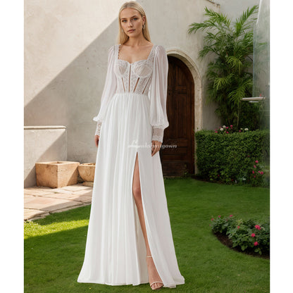 Lange Puffärmel, Schatz-Chiffon-Brautkleid, A-Linie, Seitenschlitz