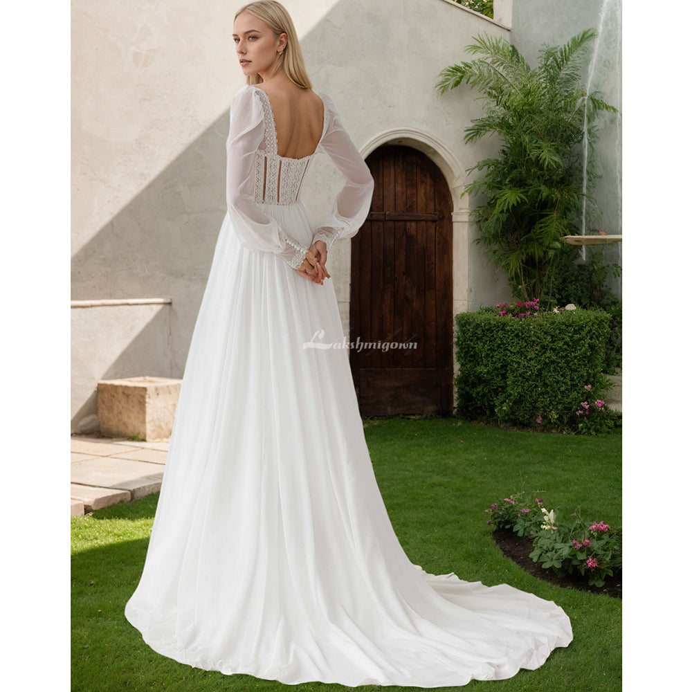 Lange Puffärmel, Schatz-Chiffon-Brautkleid, A-Linie, Seitenschlitz