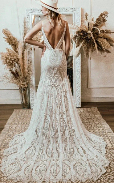 Plunging V Bohemian Beach Mermaid Lace Wedding dress