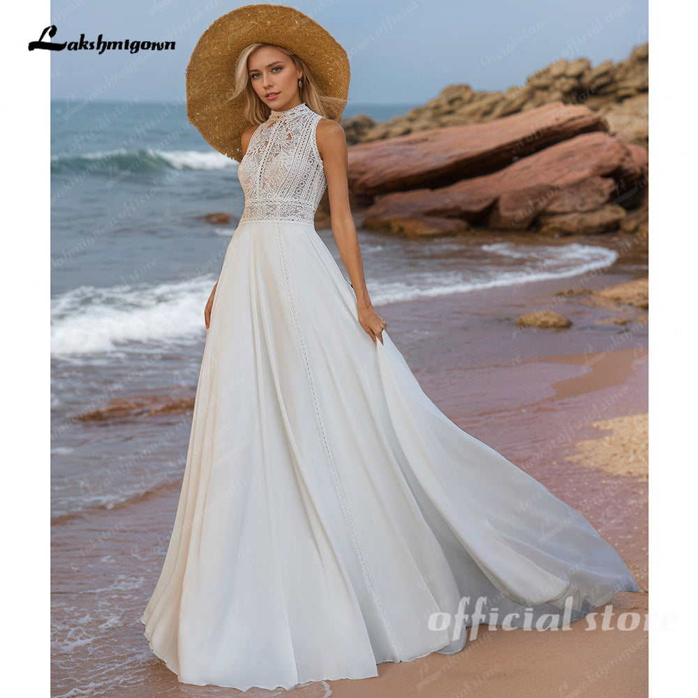 Plus Size Boho V Neck Long Flare Sleeve Lace Appliques Chiffon A Line Wedding Dress