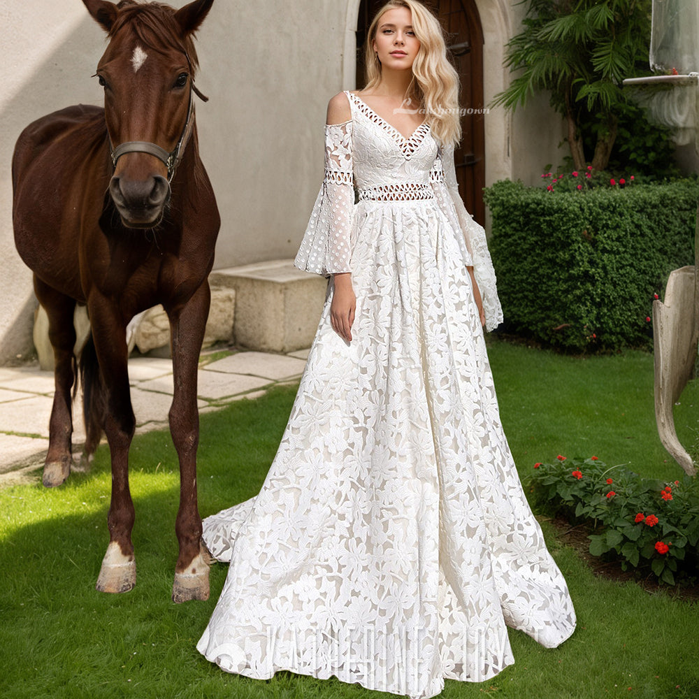 Full Lace Boho Wedding Dress V Neck Lace Women Flare Sleeve Elegant Long Bride Gown