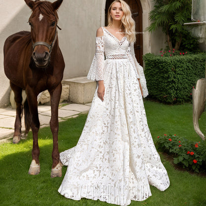 Full Lace Boho Wedding Dress V Neck Lace Women Flare Sleeve Elegant Long Bride Gown