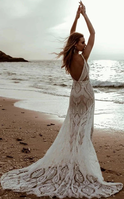 Plunging V Bohemian Beach Mermaid Lace Wedding dress