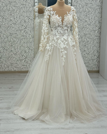 Champagne Women Corset Wedding Gowns Lace Up Back Glitter Long Sleeve Beach Bridal Dresses