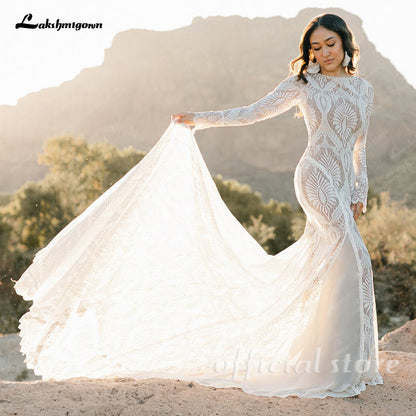 Chapel Train Long Sleeves Mermaid Wedding Gowns with Keyhole Back