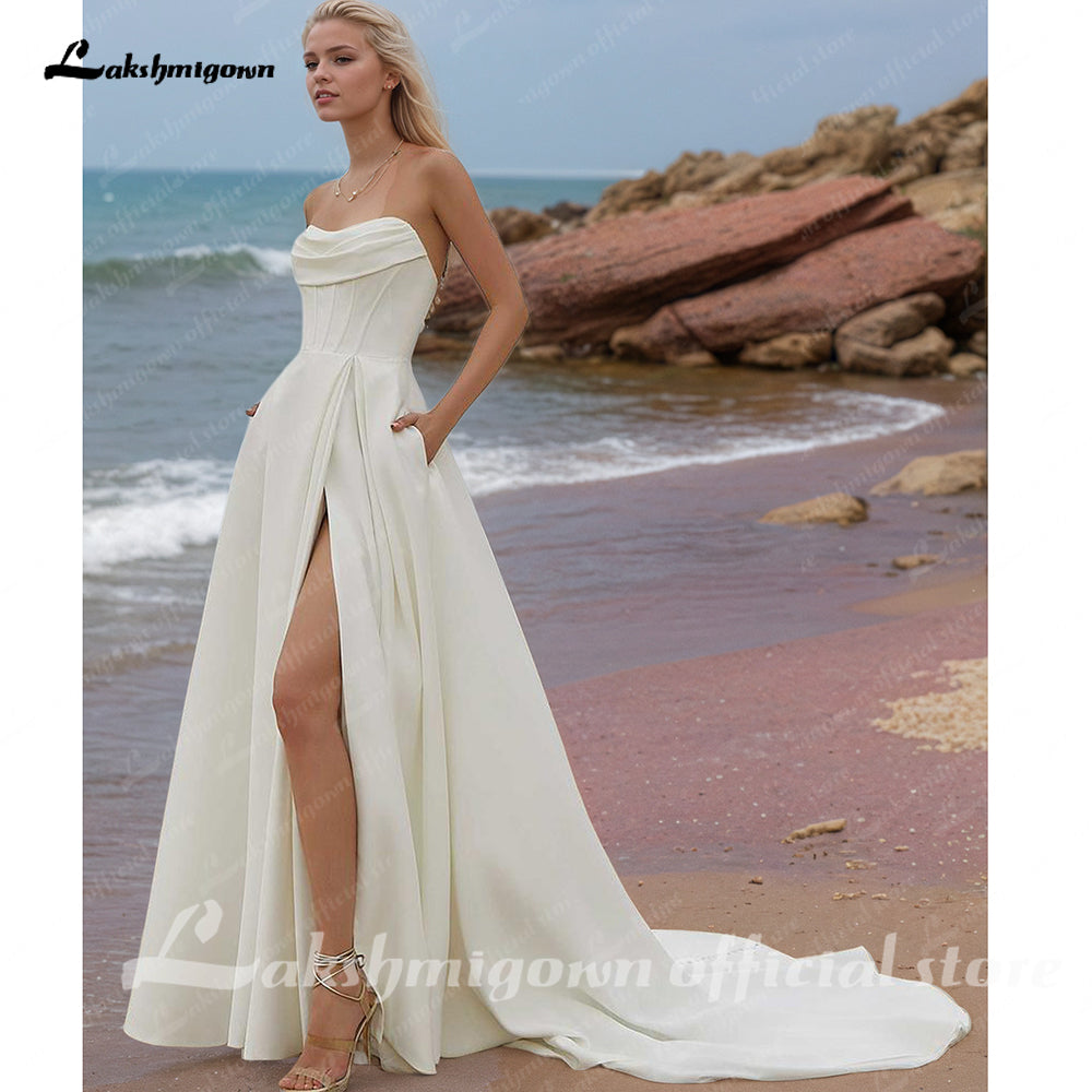 Satin Strapless High Side Slit Wedding Dress