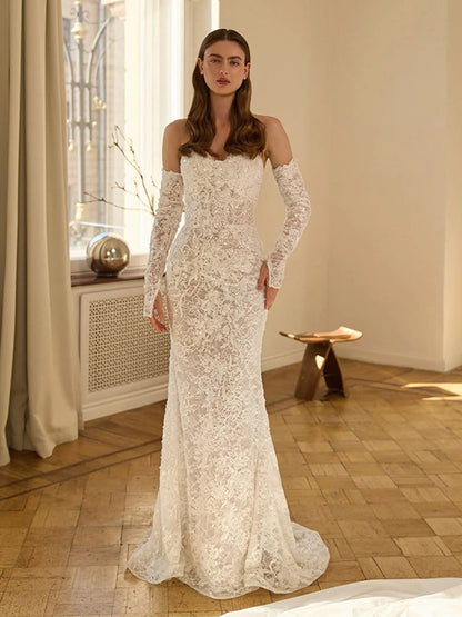 Sheath Strapless Lace Sequins Beaded Pearls Mermaid Wedding Dress with Train