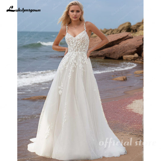 Spaghetti Straps Appliques Wedding Dresses A-line Lace Sweep Train Bridal Gown