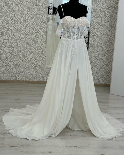 A Line Women's Chiffon Beach Wedding Dresses Side Slit Bride Gowns with Beads Lace