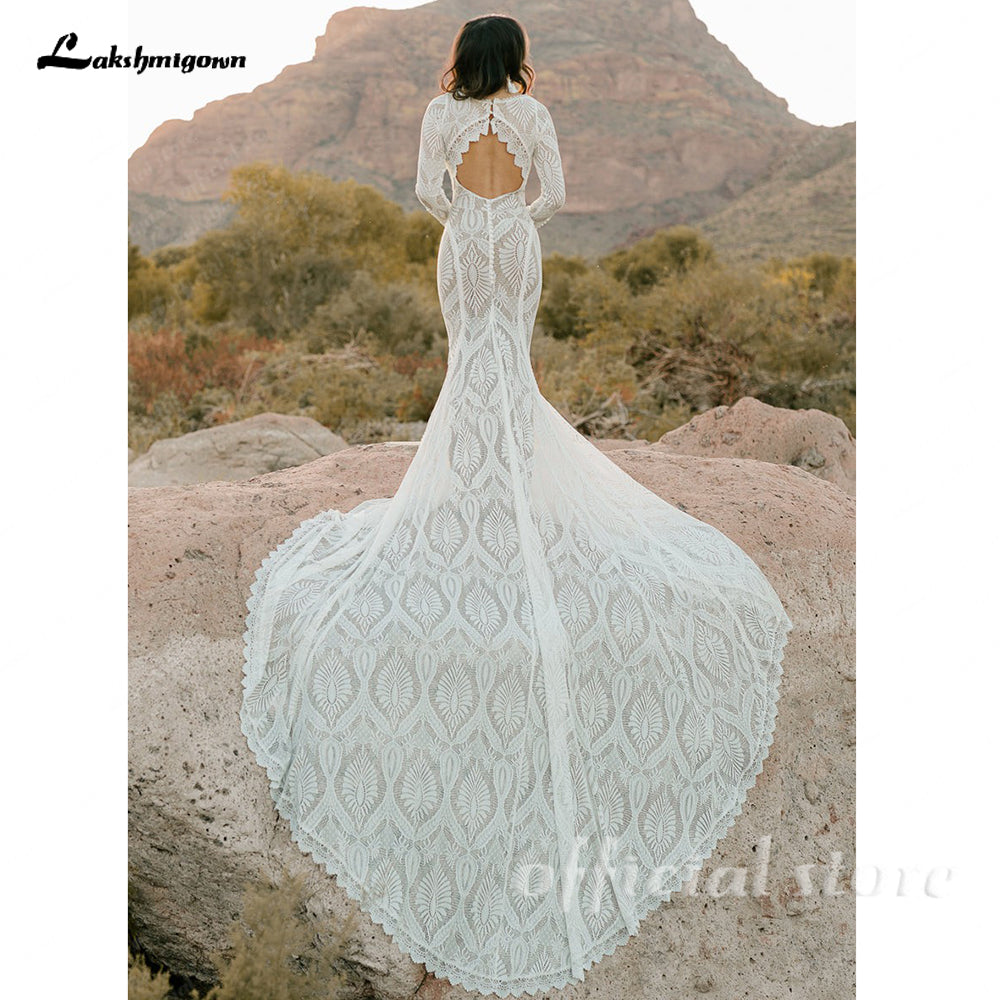 Chapel Train Long Sleeves Mermaid Wedding Gowns with Keyhole Back