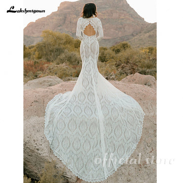 Chapel Train Long Sleeves Mermaid Wedding Gowns with Keyhole Back