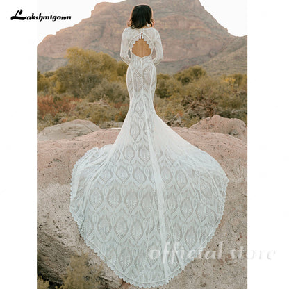 Chapel Train Long Sleeves Mermaid Wedding Gowns with Keyhole Back