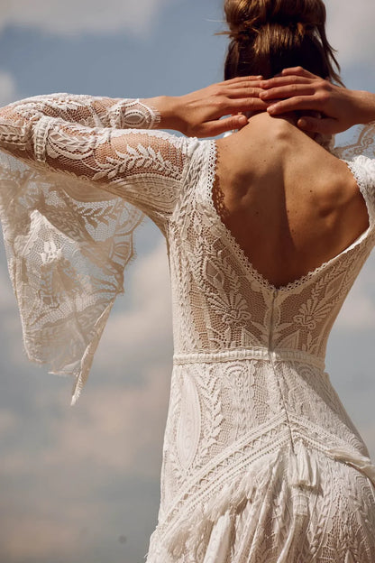 Bohemia Wedding Dresses Flare Sleeves Lace V-Neck Backless Bridal Gowns